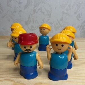 Vintage Playskool Lil Playmates Lot of 7 Construction Workers Blue Yellow Red